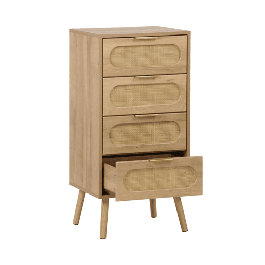 Cômoda alta decorada madeira e vime, 4 gavetas, Eva, Natural, 48x39.5x96 cm
