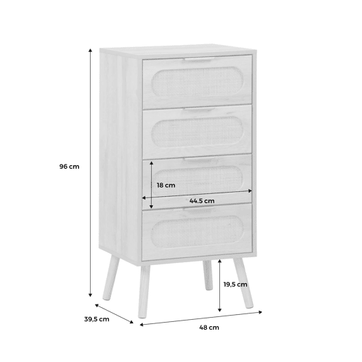 Cômoda alta decorada madeira e vime, 4 gavetas, Eva, Natural, 48x39.5x96 cm