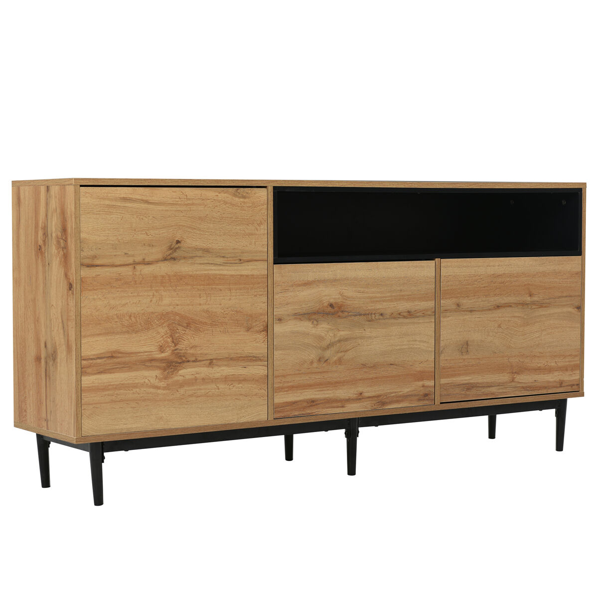 Mueble auxiliar para vestidor en roble claro con compartimento abierto negro y estructura metálica – 120×40×75 cm