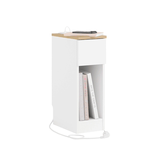 Mesa de cabeceira fina com estação de carregamento, porta USB e porta tipo C, branca, 20 x 35 x 60 cm, SoBuy FBT111-E-WN