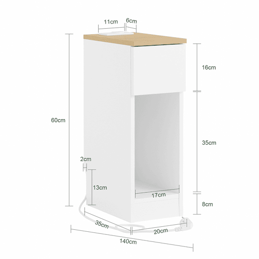 Mesa de cabeceira fina com estação de carregamento, porta USB e porta tipo C, branca, 20 x 35 x 60 cm, SoBuy FBT111-E-WN
