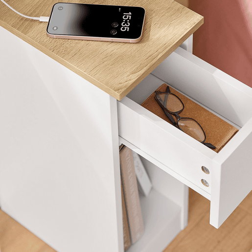 Mesa de cabeceira fina com estação de carregamento, porta USB e porta tipo C, branca, 20 x 35 x 60 cm, SoBuy FBT111-E-WN