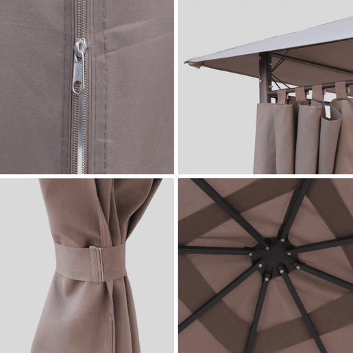 Dossel e cortinas para o caramanchão, Elusa 3x3m, Cobertura de telhado + Cortinas para pérgola Elusa, Taupe, 299x299x183 cm