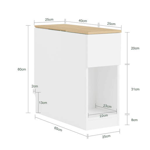 SoBuy Mesa de Cabeceira Branco e Madeira 25x65x60 cm com 3 Compartimentos e Abertura Inclinada FBT162-WN