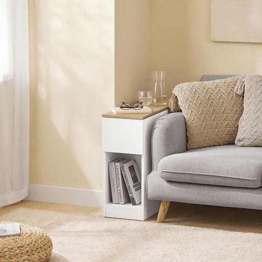 SoBuy Mesa de Cabeceira Branco e Madeira 25x65x60 cm com 3 Compartimentos e Abertura Inclinada FBT162-WN