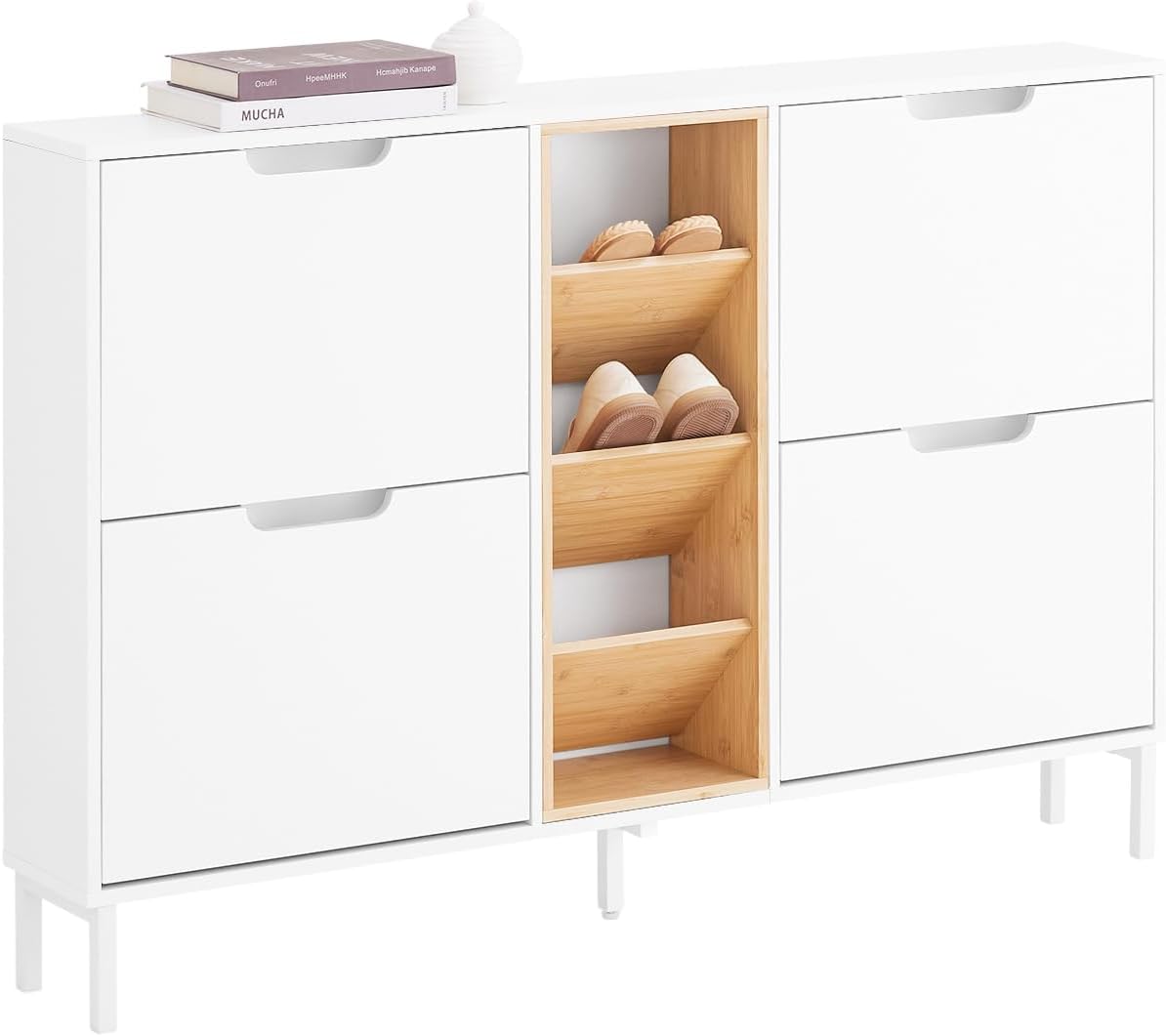 Sobuy zapatero con 4 puertas abatibles y 3 compartimentos abiertos 126x19x85cm blanco natural fsr183-wn