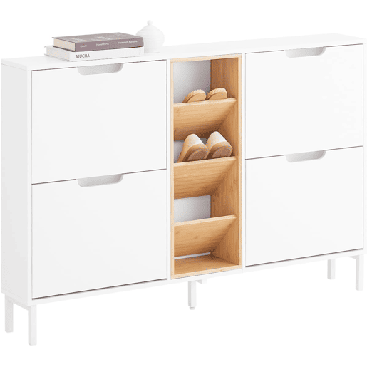 Sapateira com 4 abas Armário de arrumação com 4 portas e 3 compartimentos abertos Branco L126xP19xH85cm FSR183-WN SoBuy PT