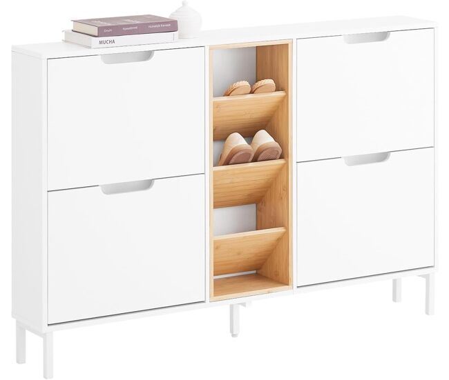 Sobuy zapatero con 4 puertas abatibles y 3 compartimentos abiertos 126x19x85cm blanco natural fsr183-wn