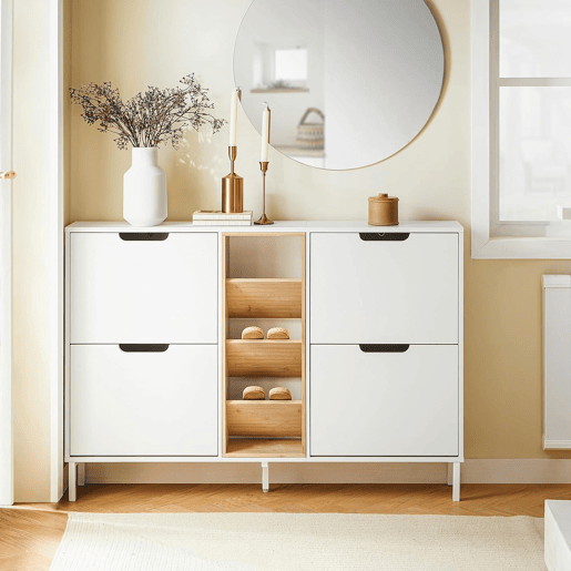 Sapateira com 4 abas Armário de arrumação com 4 portas e 3 compartimentos abertos Branco L126xP19xH85cm FSR183-WN SoBuy PT