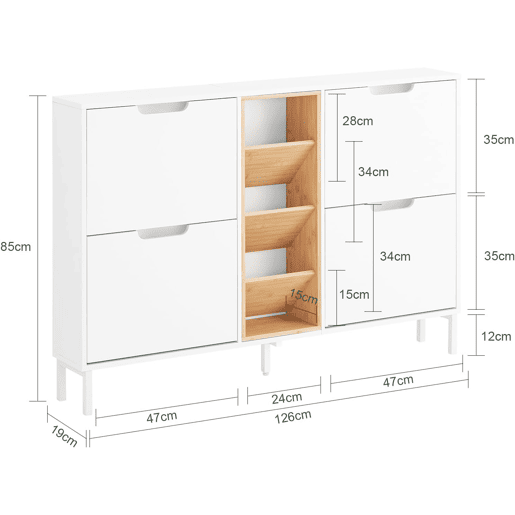 Sapateira com 4 abas Armário de arrumação com 4 portas e 3 compartimentos abertos Branco L126xP19xH85cm FSR183-WN SoBuy PT