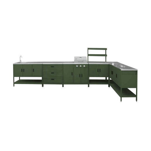 Cozinha exterior em aço inoxidável com churrasqueira a gás, 6 módulos, Naxos barbecue a gás + 5 moduli, Verde, 100x51x87.5 cm