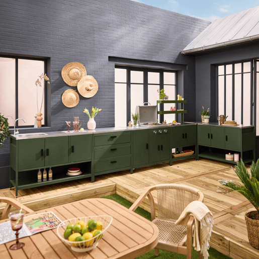 Cozinha exterior em aço inoxidável com churrasqueira a gás, 6 módulos, Naxos barbecue a gás + 5 moduli, Verde, 100x51x87.5 cm