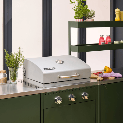 Cozinha exterior em aço inoxidável com churrasqueira a gás, 6 módulos, Naxos barbecue a gás + 5 moduli, Verde, 100x51x87.5 cm