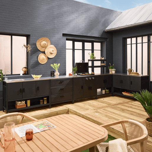 Cozinha exterior em aço inoxidável com churrasqueira a gás, 6 módulos, Naxos barbecue a gás + 5 moduli, Preto, 100x51x87.5 cm