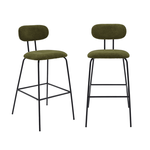 Banco alto de cozinha tecido repelente de água em com pés de metal preto, set de 2, Erin, Verde caqui, 44x51x103 cm