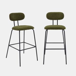 Banco alto de cozinha tecido repelente de água em com pés de metal preto, set de 2, Erin, Verde caqui, 44x51x103 cm