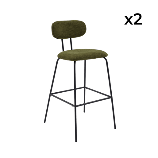 Banco alto de cozinha tecido repelente de água em com pés de metal preto, set de 2, Erin, Verde caqui, 44x51x103 cm