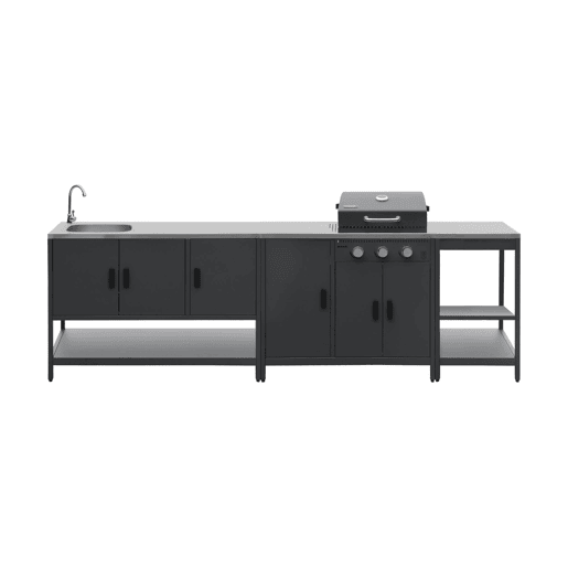 Cozinha exterior 3 módulos com churrasqueira a gás 3 queimadores em pés,, Barbecue a gás Naxos + 3 módulos, Preto, 100x51x87.5 cm