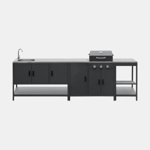 Cozinha exterior 3 módulos com churrasqueira a gás 3 queimadores em pés,, Barbecue a gás Naxos + 3 módulos, Preto, 100x51x87.5 cm