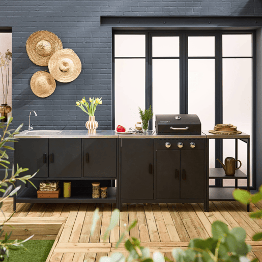 Cozinha exterior 3 módulos com churrasqueira a gás 3 queimadores em pés,, Barbecue a gás Naxos + 3 módulos, Preto, 100x51x87.5 cm
