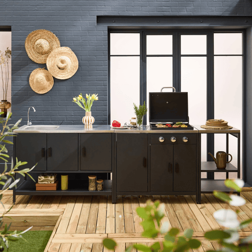 Cozinha exterior 3 módulos com churrasqueira a gás 3 queimadores em pés,, Barbecue a gás Naxos + 3 módulos, Preto, 100x51x87.5 cm
