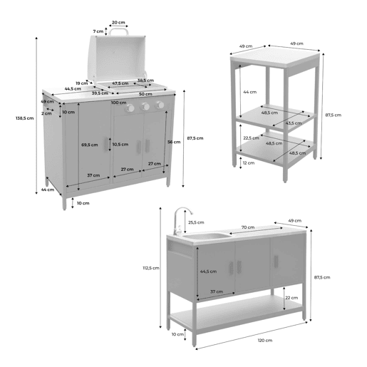 Cozinha exterior 3 módulos com churrasqueira a gás 3 queimadores em pés,, Barbecue a gás Naxos + 3 módulos, Preto, 100x51x87.5 cm