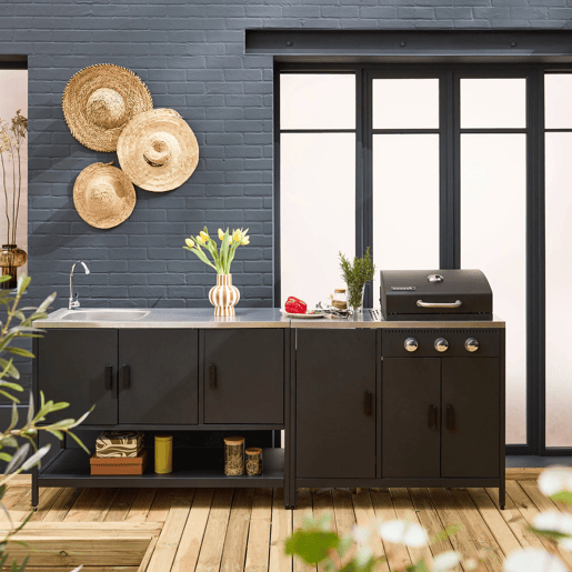 Cozinha exterior 3 módulos com churrasqueira a gás 3 queimadores em pés, Naxos, Preto, 100x51x87.5 cm