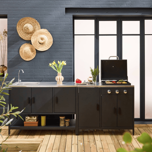 Cozinha exterior 3 módulos com churrasqueira a gás 3 queimadores em pés, Naxos, Preto, 100x51x87.5 cm