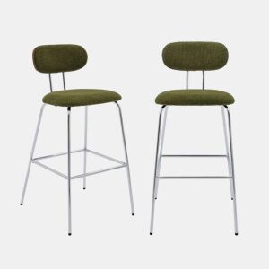 Banco alto de cozinha em tecido repelente de água pés de metal cromado, set de 2, Erin, Verde caqui, 44x53x103 cm
