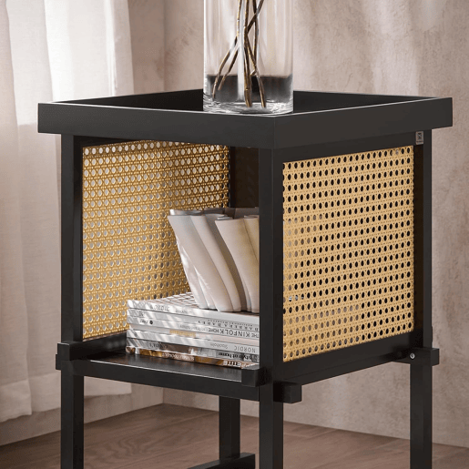 SoBuy Mesa Baixa Quadrada com Compartimento Aberto 40x40x60cm Preto Amarelo Estrutura de Bambu HFBT03-SCH
