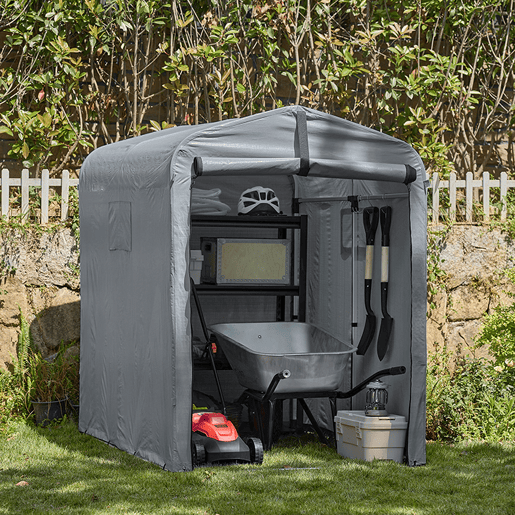 SoBuy Garagem para bicicletas e ferramentas, abrigo de jardim aberto à prova de água com ganchos, cinzento, 120 x 176 x 163 cm, KLS11-DG