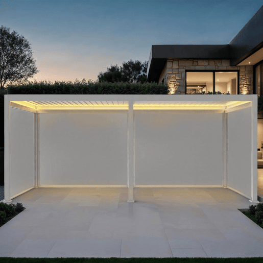 Pérgola bioclimática 3x6m elétrica de alumínio com LED + 4 toldos 3m, Triomphe 3x6m LED + acessórios, Branco, 591x301x250 cm