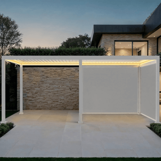 Pérgola bioclimática 3x6m elétrica de alumínio com LED + 2 estores de 3m, Triomphe 3x6m LED + acessórios, Branco, 591x301x250 cm