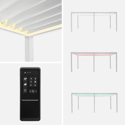 Pérgola bioclimática 3x6m elétrica de alumínio com LED + 2 estores de 3m, Triomphe 3x6m LED + acessórios, Branco, 591x301x250 cm