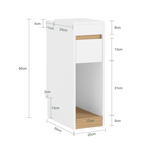 SoBuy Mesa de Cabeceira Branco e Madeira 20x35x60cm Tampo Removível Gaveta Minimalista Estreita FBT163-WN
