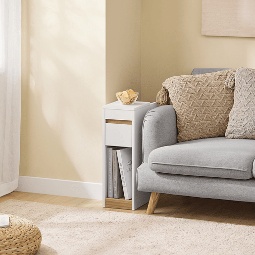 SoBuy Mesa de Cabeceira Branco e Madeira 20x35x60cm Tampo Removível Gaveta Minimalista Estreita FBT163-WN