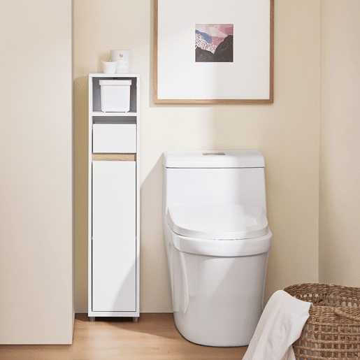 SoBuy Móvel de Banheiro Compacto para Espaços Estreitos Armário com Prateleira Ajustável e Gaveta Branco 20x20x96cm BZR151-W