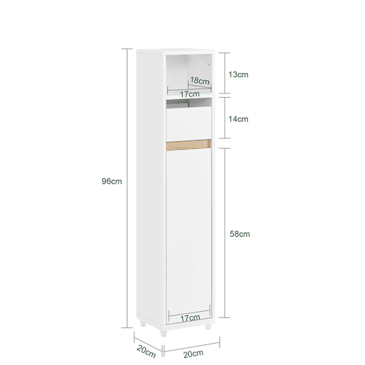 SoBuy Móvel de Banheiro Compacto para Espaços Estreitos Armário com Prateleira Ajustável e Gaveta Branco 20x20x96cm BZR151-W