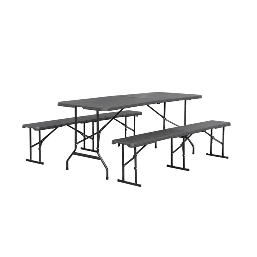 Mesa de receção dobrável em plástico e banco, Fiesta, Cinza escuro, 180x69.5x73.5 cm