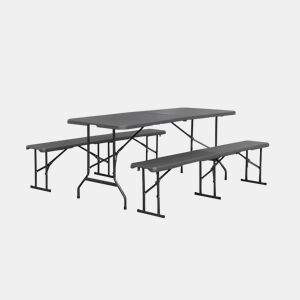 Mesa de receção dobrável em plástico e banco, Fiesta, Cinza escuro, 180x69.5x73.5 cm