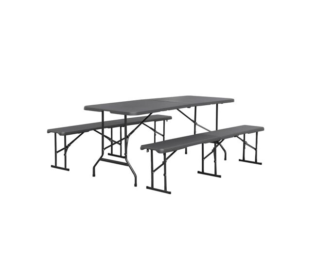 Mesa de recepción plegable de plástico y banco, fiesta, gris oscuro, 180x69,5x73,5 cm