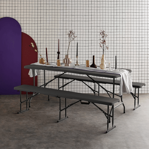 Mesa de receção dobrável em plástico e banco, Fiesta, Cinza escuro, 180x69.5x73.5 cm