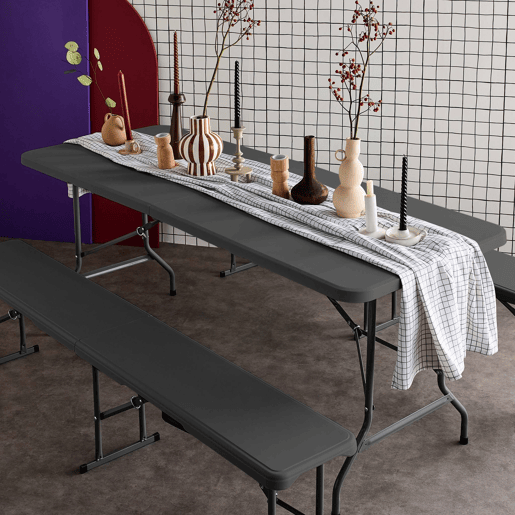 Mesa de receção dobrável em plástico e banco, Fiesta, Cinza escuro, 180x69.5x73.5 cm