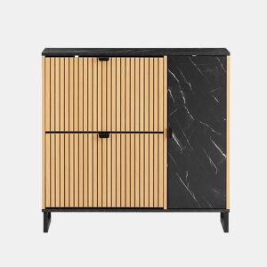 SoBuy Móvel para Sapatos Entrada 90x24x88cm Preto Madeira Clara 2 Portas Basculantes Compartimento Lateral Design Nórdico FSR203-N