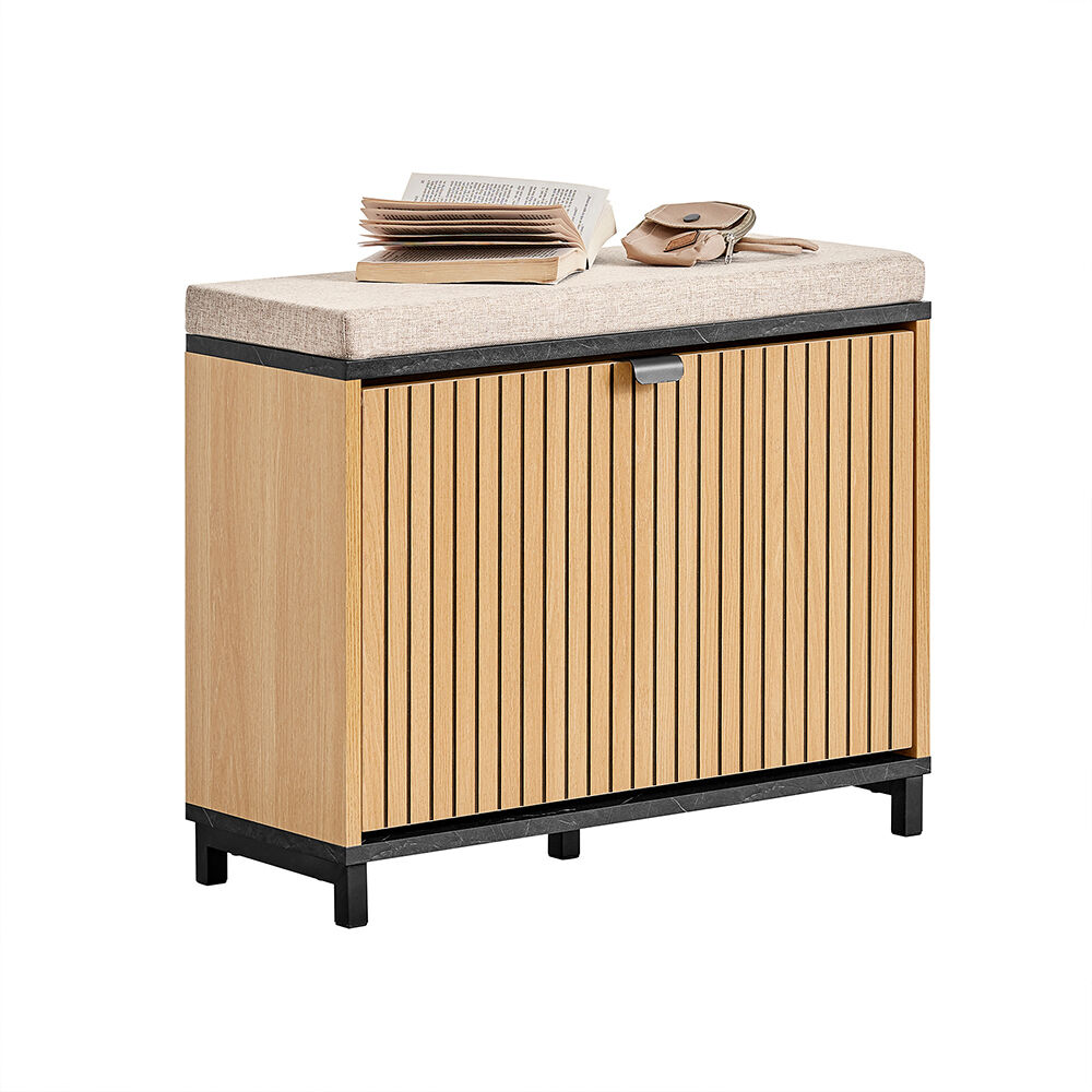 Sobuy banco para zapatos con asiento acolchado almacenamiento plegable 60x24x50cm negro madera claro fsr201-n