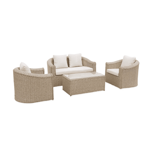Conjunto de mobiliário de jardim redondo em resina tecida, 4 lugares, Valentino, Natural, 147x80.5x75 cm