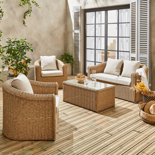 Conjunto de mobiliário de jardim redondo em resina tecida, 4 lugares, Valentino, Natural, 147x80.5x75 cm