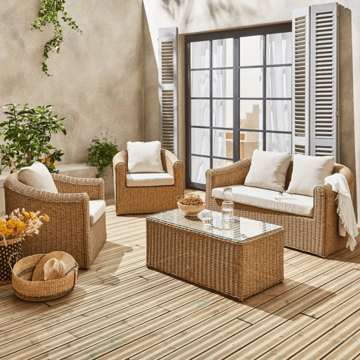 Conjunto de mobiliário de jardim redondo em resina tecida, 4 lugares, Valentino, Natural, 147x80.5x75 cm