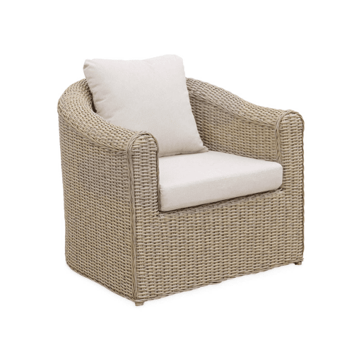 Conjunto de mobiliário de jardim redondo em resina tecida, 4 lugares, Valentino, Natural, 147x80.5x75 cm