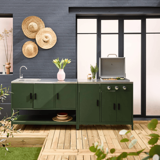 Cozinha exterior 3 módulos com churrasqueira a gás 3 queimadores em pés, Naxos, Verde, 100x51x87.5 cm